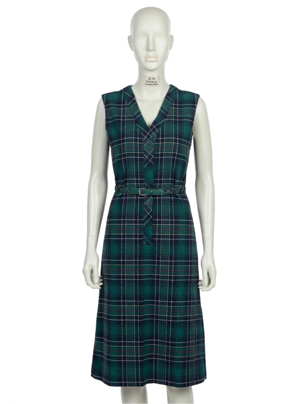 1960’s Stewart Tartan Country Miss Sz 10 Green Belted Midi Length Wool Jumper